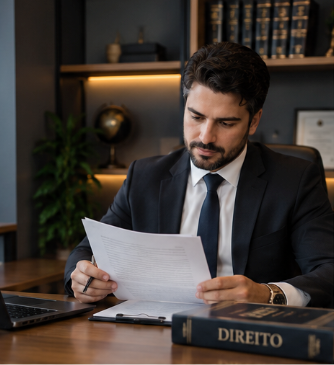Dr. Rafael Monteiro analisando documentos em seu escritório